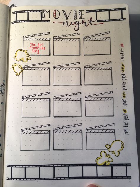 Movie Night Doodles, Movie Night Scrapbook Page, Buttel Journal Ideas, Journal Movie Page, Movie Journal Page, Ballet Journal, Movie Tracker, Bullet Journal Month, Creating A Bullet Journal