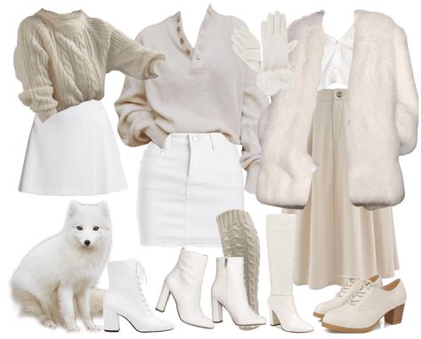 White Swan Aesthetic Outfit, Fox Outfit Aesthetic, White Fluffy Winter Outfit, White Fluffy Outfit Aesthetic, Snow Fairy Aesthetic Outfits, Fox Outfit, Outfit Themes, 70s Boots, Witch Outfits