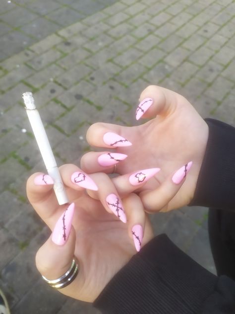 Barb Wire Nails, Barbed Wire Nails, Egirl Nails, Wire Nails, Barb Wire, Almond Nail, Barbed Wire, Spa Day, Halloween Nails