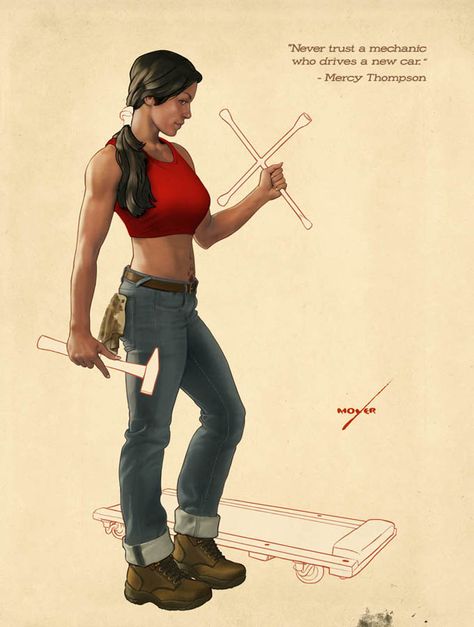 Image of Mercy Thompson, a character from Patricia Briggs' novels, featured in a literary pin-up calendar drawn by Lee Moyer and organised by Patrick Rothfuss Mercedes Thompson, Mercy Thompson, Girl Rp, Patricia Briggs, Literary Themes, Rp Characters, Book Theme, Book Fanart, Rpg Characters