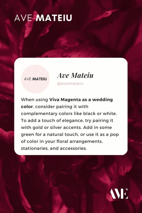 When using Viva Magenta as a wedding color, consider pairing it with complementary colors like black or white. To add a touch of elegance, try pairing it with gold or silver accents. Add in some green for a natural touch, or use it as a pop of color in your floral arrangements, stationaries, and accessories. This color can be used as an accent color in a wedding palette, or as the primary color for a daring and bold wedding theme. Viva Magenta Color Palette, Magenta Color Palette, Viva Magenta Color, Viva Magenta, Magenta Color, Wedding Palette, Wedding Color, Complementary Colors, Color Of The Year