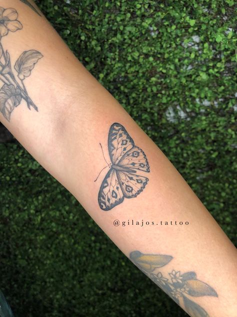 Funky Butterfly Tattoo, Stained Glass Butterfly Tattoo, Shaded Butterfly Tattoo, Forearm Butterfly Tattoo, Eyes Tattoo Ideas, Fine Line Butterfly Tattoo, Line Butterfly Tattoo, Fine Line Butterfly, Smiley Face Tattoo