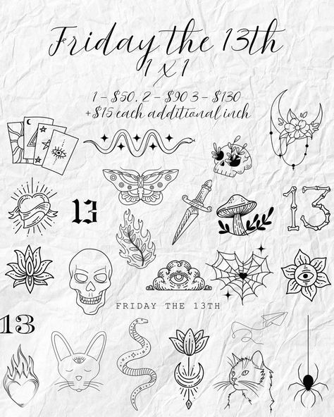 🌿 Friday the 13th flash tats. Walk-ins available but not guaranteed! 🙈 So, I will have them available throughout September. Deposit needed to secure a future date with me. #fridaythe13th #fridaythe13thtattoo Small Friday The 13th Tattoo Ideas, Simple Friday The 13th Tattoo Flash, Matching Friday The 13th Tattoos, Small Friday The 13th Tattoos, Friday 13 Tattoo Ideas, Friday The 13th Tattoo Flash, Friday The 13th Flash, Friday The 13th Tattoo, Flash Tats