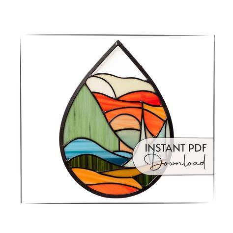 This abstract landscape in a teardrop shape is a landscape stained glass pattern for a sun catcher that will measure at 7.5" wide by 10.25" tall and will print out on letter-size or A4 paper.  ITEM: This listing is for a *digital pattern* and contains two different versions of the mountain landscape Stained Glass pattern - one is numbered, and one is clean, without numbering. This listing is only for the pattern - no other materials are included. There are two sizes included. LICENSING: This tea Crafting Patterns & Molds, Foil Tape, Stained Glass Pattern, Pattern Printable, Shop Artwork, Glass Pattern, Stained Glass Patterns, A4 Paper, Sun Catcher