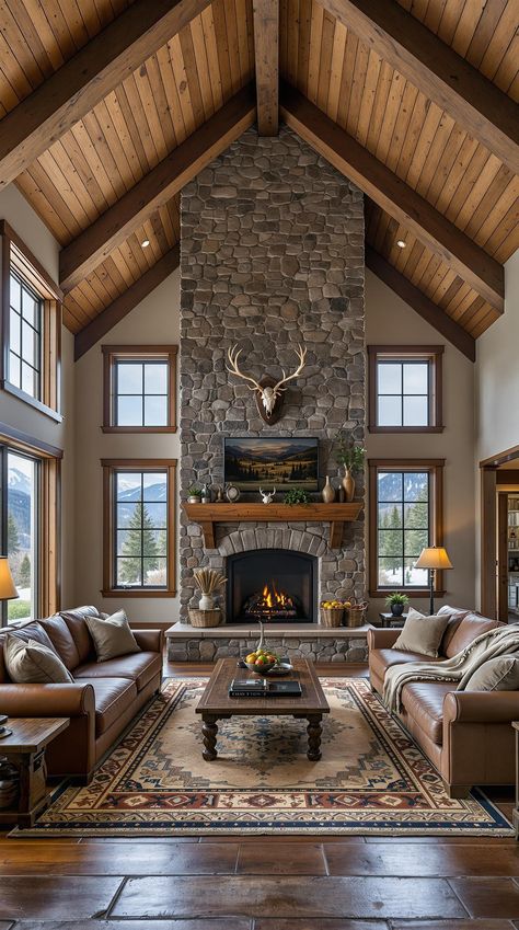 Rustic Farmhouse Decor Mountain Rustic Interior Design, Aztec Farmhouse Living Room, Texas Interior Design Ranch, Large Rustic Fireplace, Rustic Ranch House Interior, Elk Mount Living Room, Mountain Chalet Interior Design, Mountain House Fireplace, Mountain House Interior Design