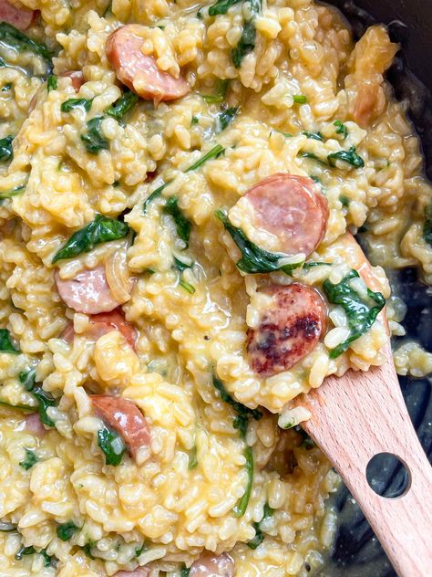 Sausage Risotto | Kielbasa and Spinach Kielbasa Recipes Rice, Sausage Risotto, Italian Rice Dishes, Spinach Risotto, Spinach And Bacon, Sausage Rice, Smoked Sausage Recipes, Kielbasa Recipes, Kielbasa Sausage