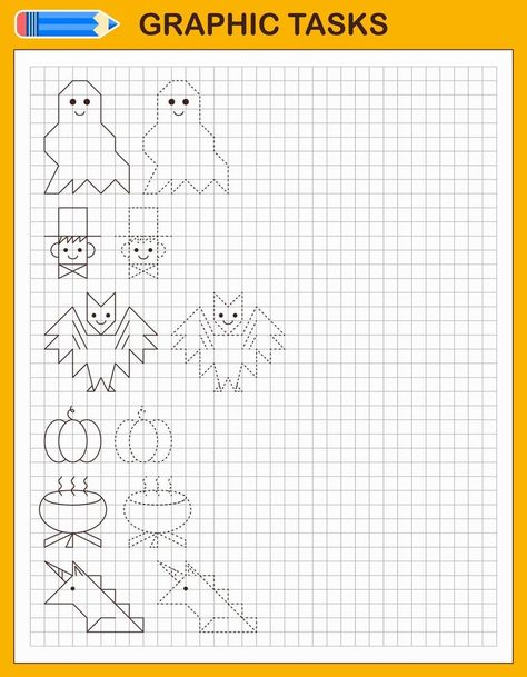 Graphic tasks. Educational game for preschool children. Worksheets for practicing logic and motor skills. Halloween set for kids. Vector. Children Worksheets, Game For Preschool, Kids Vector, Kids Set, Lettering Quotes, Math For Kids, Preschool Kids, Educational Games, After School