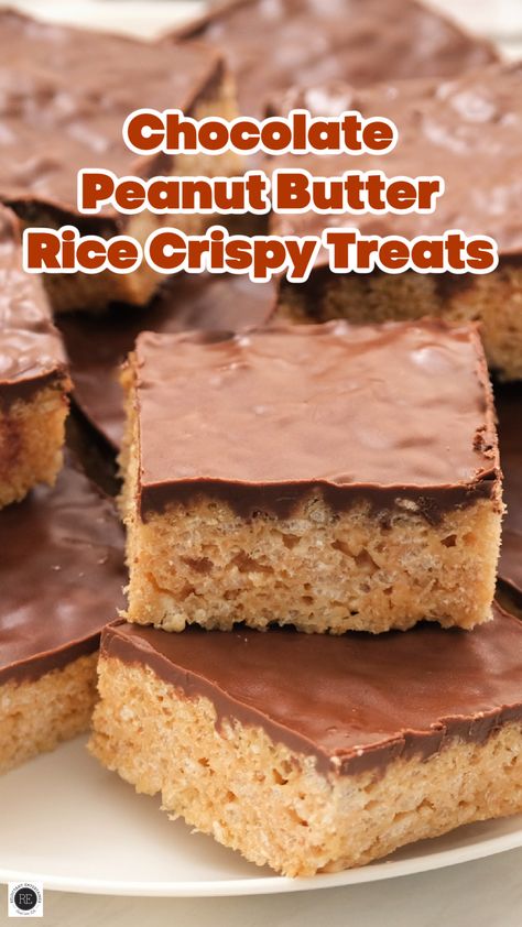 Chocolate Peanut Butter Rice Crispy Treats are made with peanut butter, Rice Krispies, and chocolate chips; the perfect after-school snack. Rice Krispy Treats With Peanut Butter, Rice Krispie With Chocolate, Chocolate Peanut Butter Marshmallow Squares, Rice Krispie Treats Peanut Butter Chocolate, Peanut Butter And Chocolate Rice Krispie Treats, Rice Krispie Peanut Butter Chocolate, Cereal Crispy Treats, Chocolate Peanut Butter Rice Krispies, Rice Krispie Recipes