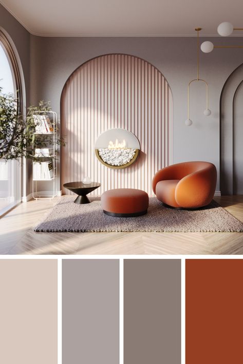 Greige - grey and beige colour palette living room with dusty orange as an accent color Interior palette, living room palette, living room design Colour Palette Living Room, Palette Living Room, Beige Colour Palette, Colour Combinations Interior, Living Room Colour Schemes, Living Room Color Combination, Color Palette Interior Design, Room Color Combination, Dusty Orange