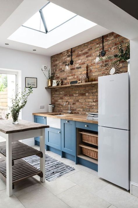 White Brick Backsplash Blue Cabinets, Vintage Backsplash Kitchen Brick, Blue Kitchen Brick Wall, White Kitchen Cabinets Black Countertops Blue Backsplash, Kitchen With Wood Backsplash, Brick Backsplash Kitchen Blue Cabinets, Blue Cabinets Brick Backsplash, Blue Kitchen Cabinets Brick Backsplash, Brick Backsplash Blue Cabinets