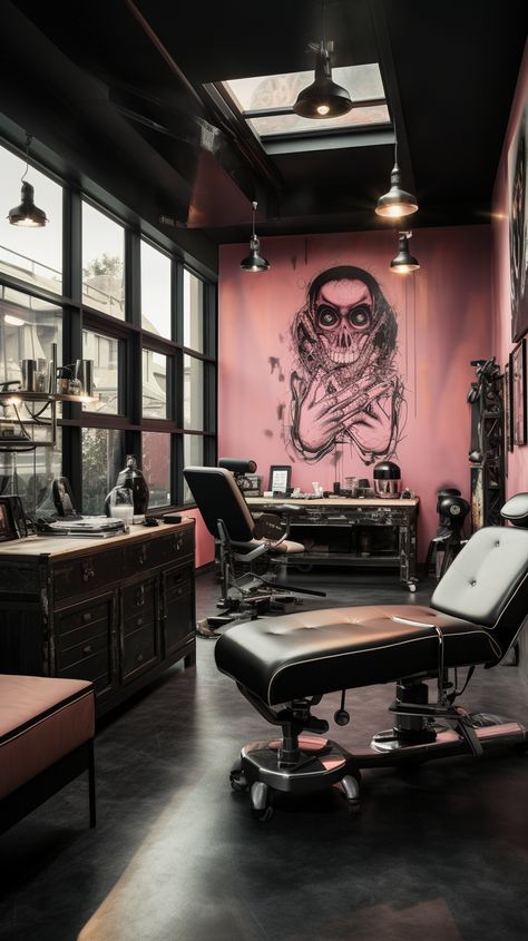 Tattoo Shop Interior Design Studios, Modern Tattoo Shop Interior, Goth Salon, Small Tattoo Studio, Tattoo Room Ideas, Tattoo Studio Aesthetic, Tattoo Shop Aesthetic, Pink Tattoo Studio, Tattoo Shop Interior