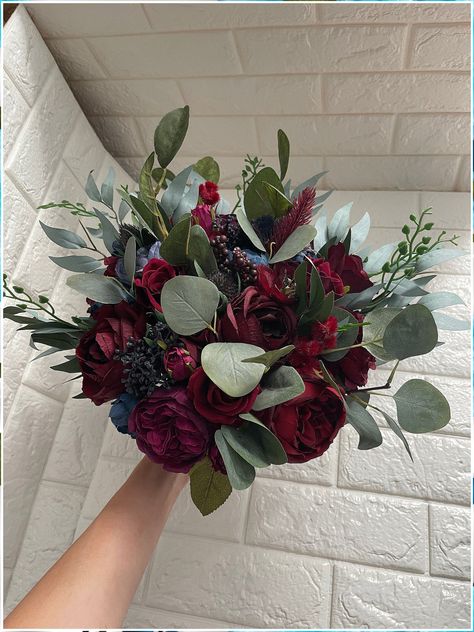 Winter Wedding Jewel Tones - Like what you saw? Please do not hesitate to click for more - Click to Visit TODAY! Small Boutonniere, Wedding Jewel Tones, Navy Blue Bouquet, Wedding Maroon, Faux Flowers Wedding, Navy And Burgundy Wedding, Package Handmade, Bouquet Burgundy, Toss Bouquet