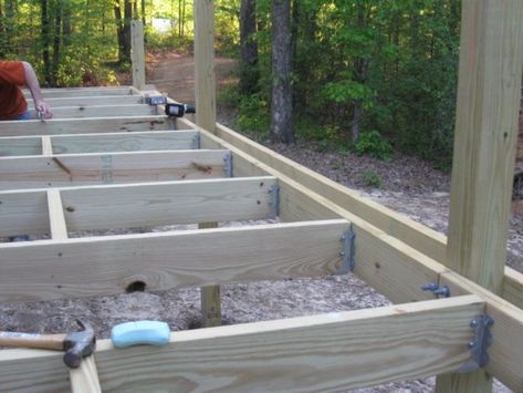 Deck On Uneven Ground, Deck Building Plans, Building Design Plan, Laying Decking, Raised Deck, Deck Construction, Cool Deck, House Deck, Deck Plans