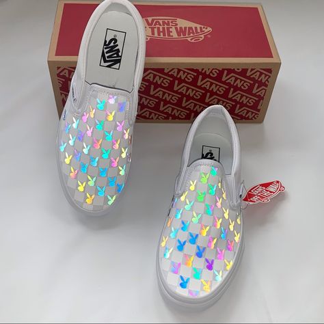 Custom Reflective Vans Reflective Once Under Light Also Available In Men’s Please Allow 5-7 Days For Delivery His And Hers Shoes, Custom Slip On Vans, Vans Rainbow, Customised Vans, Rainbow Vans, Nike Shoes Women Fashion, Pretty Sneakers, Rainbow Shoes, Yellow Sandals