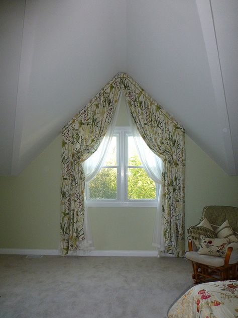 Fully functional italian strung draperies with slanted ceiling Italian Strung Curtains, Slanted Ceiling Window Curtains, Attic Window Curtains, Triangular Curtains, Angled Wall, Triangle Window, Gable Window, Curtains Pictures, Hang Curtains