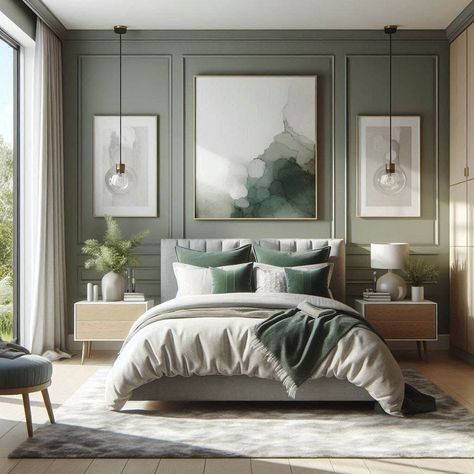 Modern Sage Green Bedroom Dark Green Art Deco Bedroom, Green Upholstered Bed, Dark Green Bedroom Ideas, Dark Green Bedroom, Emerald Green Bedrooms, Sage Green Bedroom Ideas, Sage Green Curtains, Green Bedside Table, Dark Green Rooms