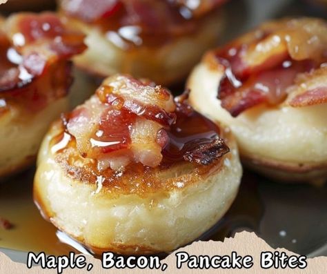 Pancake Bacon Strips, Maple Bacon Pancake Bites, Maple Bacon Pancakes, Bacon Pancake, Bacon Waffles, Bacon Pancakes, Grandma's Recipes, Pancake Bites, Pancakes And Bacon