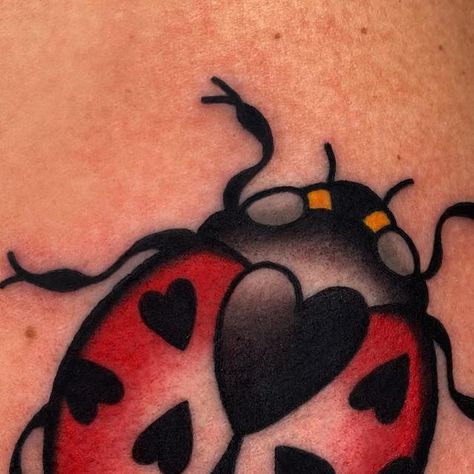 Ladybug Tattoo Traditional, American Traditional Ladybug, Traditional Ladybug Tattoo, Ladybug Tattoo, Amsterdam Tattoo, Lady Bug Tattoo, Bug Tattoo, Insect Tattoo, Riding Motorcycle