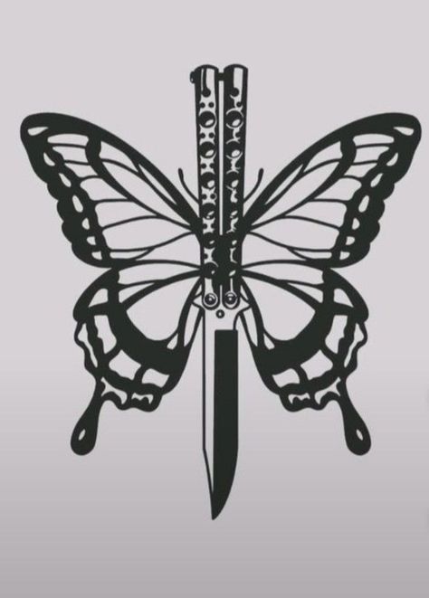 Butterfly With Knife Tattoo, Knife Tattoo Stencil, Butterfly Knife Tattoo, Black And White Butterfly Tattoo, Ninja Tattoo, White Butterfly Tattoo, Traditional Hand Tattoo, Butterfly Tattoo Design, Gothic Tattoos