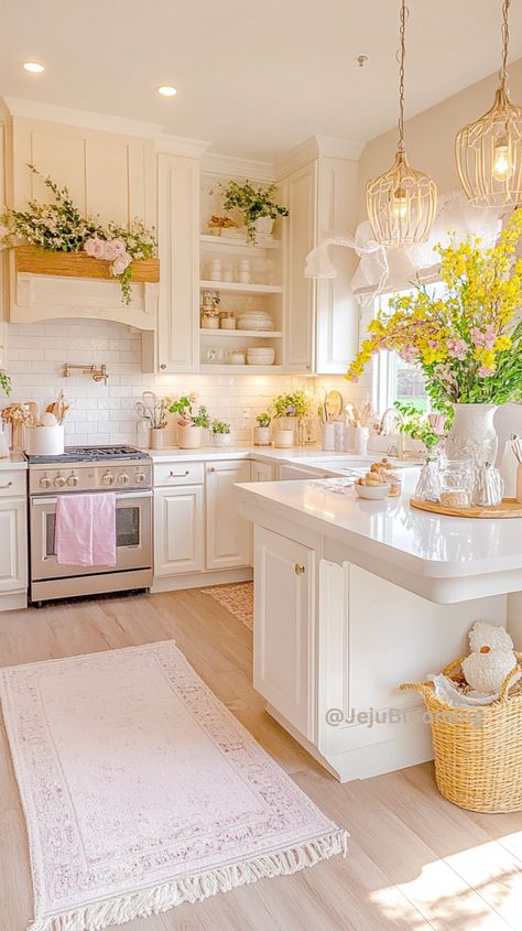 Cute Home Inspiration, Cute Townhouse Interior, Cute Kitchen Design Ideas, Dream House Furniture, Pretty White Kitchen, House Inspo Interior Design Kitchen, Kitchen Ideas Girly, Fairy Kitchen Ideas, Bright And Colorful Kitchen