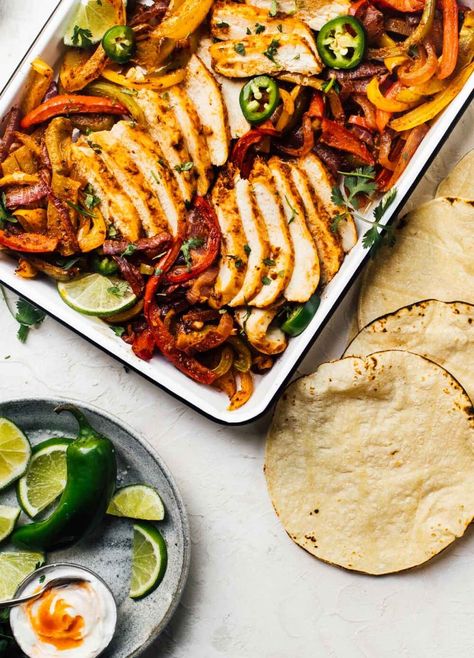 Zesty Sheet-Pan Chicken Fajitas (oven baked) Baked Chicken Fajitas Oven, Fajitas Oven, Sheet Pan Chicken Dinners, Oven Baked Chicken Fajitas, Chicken Fajitas Oven, Fajita Mix, Fajita Marinade, Baked Chicken Fajitas, Sheet Pan Dinners Chicken