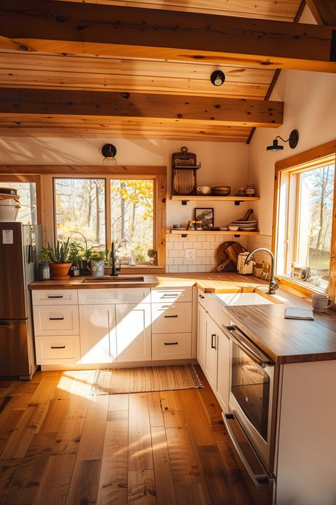 Small Cabin Inspiration, Studio Cottage Interior, Small Cabin Remodel, Small Farmhouse Ideas, Small Cottage Decor, Homestead Compound, Interior Small House, Cabin Interiors Kitchen, Tiny Home Kitchen Ideas