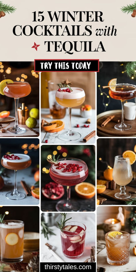 "Warm up your winter with these 15 delightful winter cocktails featuring  tequila! Discover cozy recipes that will elevate your spirits, from festive  Martinis with Tequila to refreshing Margarita recipes for parties. Perfect  for brunch, these Tequila and Vodka cocktails are a hit at any gathering,  including weddings and Thanksgiving celebrations. Don’t miss out on unique  ginger tequila cocktails and seasonal fall alcoholic drinks.!" Tequila Martini Cocktails, White Tequila Drinks, Tequila Mule Cocktails, Tequila Hot Toddy, Tequila Champagne Cocktail, Mixed Drinks Alcoholic Tequila, Run Cocktail Recipes, Festive Tequila Cocktails, Unique Tequila Cocktails