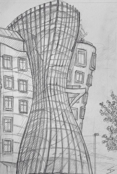 Also known as Fred and Ginger. There is a restaurant on the seventh floor, with stunning views of Prague. This is the view from the Potrefena Husa bar and restaurant. sketchbookexplorer.com #sketch #prague Dancing House Sketch, Sketch Dancing, Deconstructive Architecture, Frank Gehry Sketch, Deconstructivism Architecture, Dancing House Prague, Landscape Design Portfolio, Micron Pen Art, Post Modern Architecture