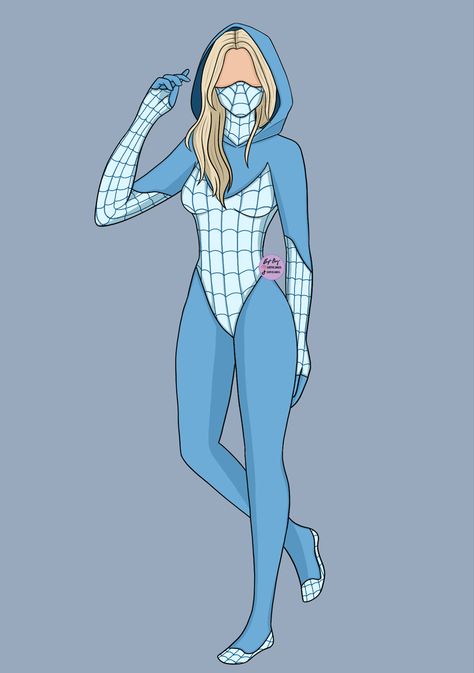 Spider Suit Drawing, Light Blue Hero Costume Design, Blue Spiderman Suit, Spider Man Suits Design Female, Spiderman Oc Girl, Spidey Sona, Superhero Outfits Design, Superhero And Villain Costumes, Spider Suits