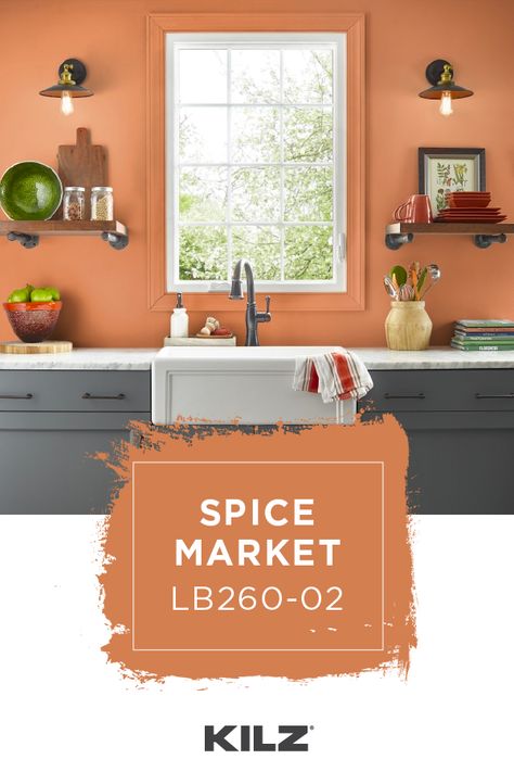 Orange Wall Paint Ideas Kitchen, Orange Painted Kitchen, Kitchen Interior Painting, Orange Wall Kitchen, Bright Paint Colors For Living Room, Light Orange Kitchen, Kilz Paint Colors, Gray Painted Cabinets, Orange Kitchen Cabinets