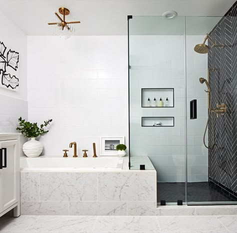 Face It: These 9 Master Bath Ideas Are Pure Genius | Hunker bath bench flow Bathroom Tub Shower Combo, Makeover Kamar Mandi, Master Bath Shower, Bathroom Tub Shower, Master Bath Remodel, Bathroom Tub, Bath Ideas, Tub Shower Combo, Bathroom Layout