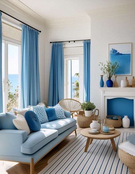 Blue and White Palette Santorini Living Room Design, Santorini Living Room, Greece Living Room, Coastal Mediterranean Interior Design, Mediterranean Living Room Ideas, Blue And White Palette, Office Bedroom Ideas, Mediterranean Style Living Room, Cathedral Ceiling Living Room