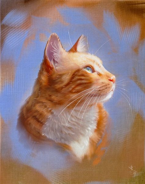 A abstract realism painting of a orange cat's profile looking to the right. Bust portrait of an orange cat on a orange canvas backdrop with a halo of periwinkle blue abstract brush strokes just behind  the cats head. Orange Cat Painting, Ginger Cat Art, Cat With Green Eyes, Koi Painting, Abstract Realism, Digital Oil Painting, Cat Sketch, Animal Portraits Art, Ginger Cat