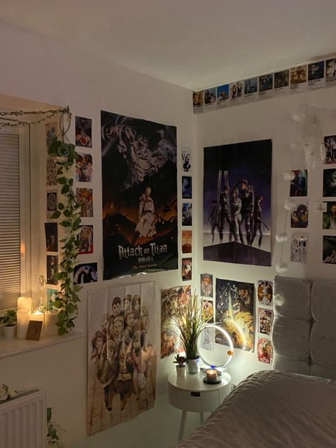 Room With Anime Posters, Anime Themed Apartment, Anime Wall Posters Bedroom, Anime Poster Wall Bedroom Ideas, Anime Poster Wall Bedroom Aesthetic, Anime Wall Decor Bedroom, Anime Wall Bedroom, Bedroom Anime Aesthetic, Anime Poster Room Ideas