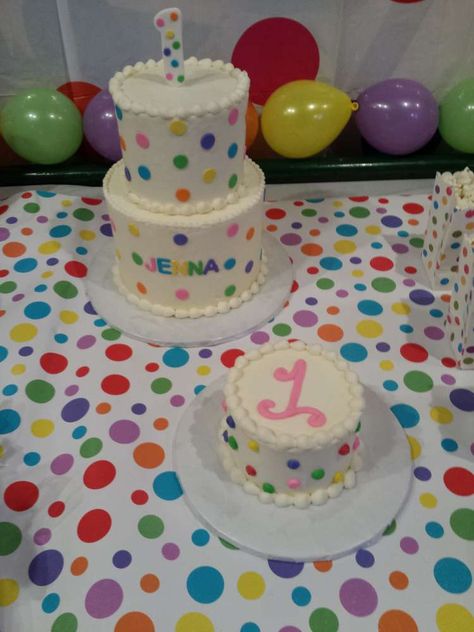 Polka Dot First Birthday | CatchMyParty.com Polka Dot Birthday Party Ideas, Polka Dot Theme Party Decoration, Polka Dot First Birthday Party, Polka Dot Party Theme, Polka Dot Cake Ideas, Polka Dot Birthday Party, Confetti Birthday Party, Sunshine First Birthday, Polka Dot Cakes