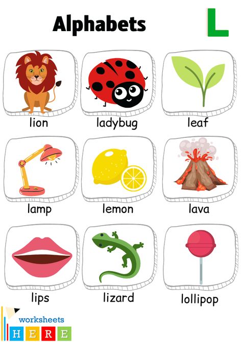 Alphabet L Words with Pictures, Letter L Vocabulary with Pictures - WorksheetsHere.com Letter L Pictures For Preschool, L Pictures Letter, Letter L Words, Sound Picture, Fingerprint Art, Alphabet Words, Alphabet Pictures, American School, Letter N Words