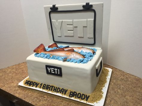 Yeti cake Birthday Celebration Ideas For Husband, Cooler Cake, Fishing Wedding Cakes, Groomsman Cake, Birthday Celebration Ideas, Rice Cereal Treats, Hunting Cake, Yeti Cooler, Groom Cake