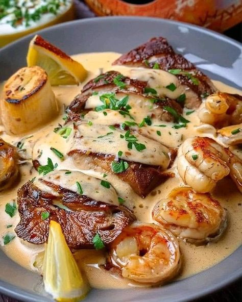 Bobby Flay😇😋 | Steak in Creamy Cajun Shrimp Sauce (Surf and Turf) 🥩🍤 | Facebook Florentine Sauce, Creamy Cajun Shrimp Sauce, Bobby Flay Steak, Cajun Shrimp Sauce, Creamy Cajun Shrimp, Ree Drummond Recipes, Shrimp Sauce, Indulgent Food, Surf And Turf