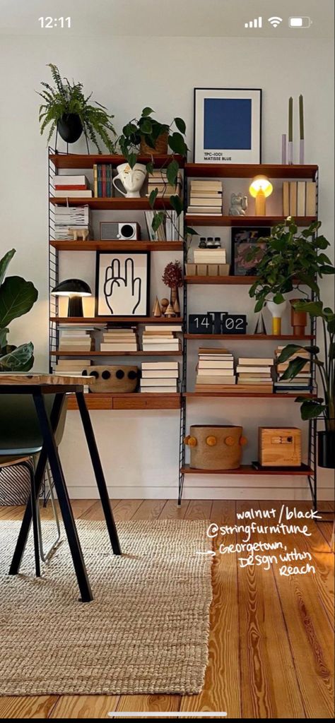 walnut/black, String Furniture Midcentury Shelf Styling, Minimalist Book Shelves, String System Living Room, String Ikea, White Shelf Decor Living Room, Room With Bookshelves Aesthetic, String Shelves Living Room, 5 Tier Shelf Decor, String Furniture Living Room