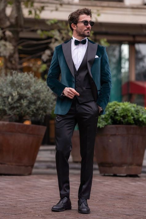 Embrace luxury and sophistication with the Emerald Velvet Slim-Fit Tuxedo 3-Piece Suit. The rich velvet fabric, sleek slim-fit silhouette, and three-piece set showcase a perfect blend of opulence and modern style. #emeraldvelvet #slimfittuxedo #luxuryfashion #sophisticatedlook #mensfashion #formalstyle #modernmenswear #velvetattire 3piece Suit Men, Three Piece Suit Mens, Emerald Velvet, Double Breasted Tuxedo, Suit Styles, Wedding Outfits For Groom, Suit Stores, Slim Fit Suit Men, Slim Fit Tuxedo