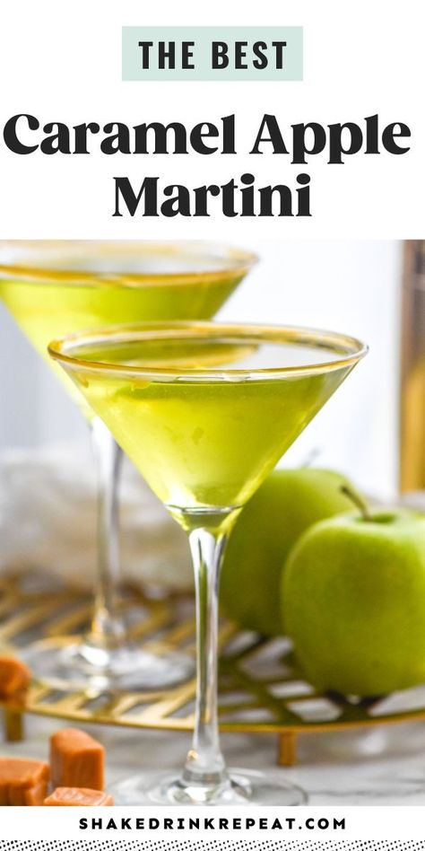 This caramel apple martini recipe falls together with just three ingredients and a quick shake. This caramel apple cocktail tastes like a crisp fall day with each sip. Apple Drinks Alcohol, Fall Martinis Recipes, Caramel Apple Cocktail, Caramel Apple Shots, Appletini Recipe, Apple Cocktail Recipes, Best Martini Recipes, Apple Martini Recipe, Caramel Apple Martini