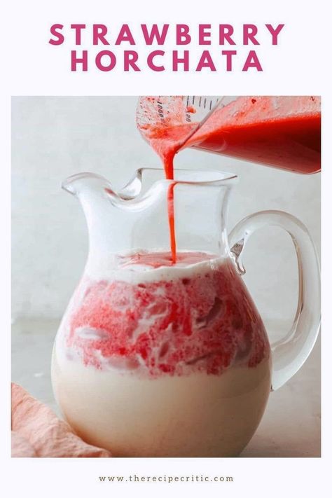 Elevate the flavors of traditional horchata with this strawberry horchata recipe! Coconut Horchata Recipe, Strawberry Horchata Recipes, Horchata Recipe Mexican, Strawberry Horchata, Cinnamon Rice, Leftover Strawberries, Horchata Recipe, Homemade Strawberry Lemonade, Strawberry Banana Bread