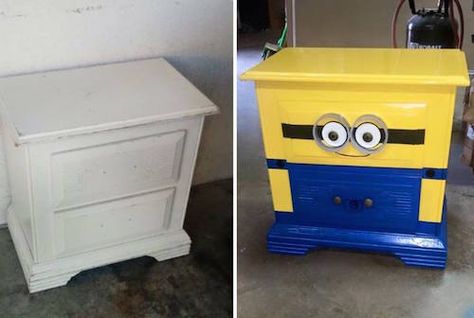 Minion Dresser! Save this DIY project! Minion Bedroom, Minion Room, Minion Craft, Diy Minions, The Whoot, Kitchen Fun, Furniture Restoration, Night Stand, Flipping Furniture