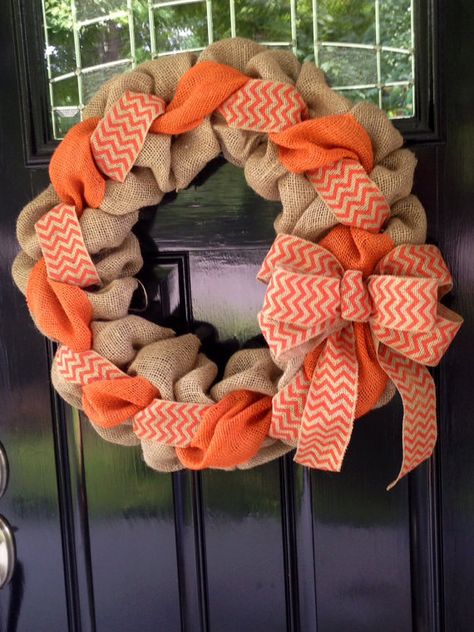 Orange and Natural Chevron Burlap Wreath 22 inch for front door or accent - Fall, Tennessee www.etsy.com/shop/simplyblessedgift Fall Tennessee, Orange Burlap Wreath, Chevron Burlap Wreaths, Chevron Door, White Wreath, Burlap Crafts, Seasonal Wreaths, Wreath Crafts, Crafty Craft