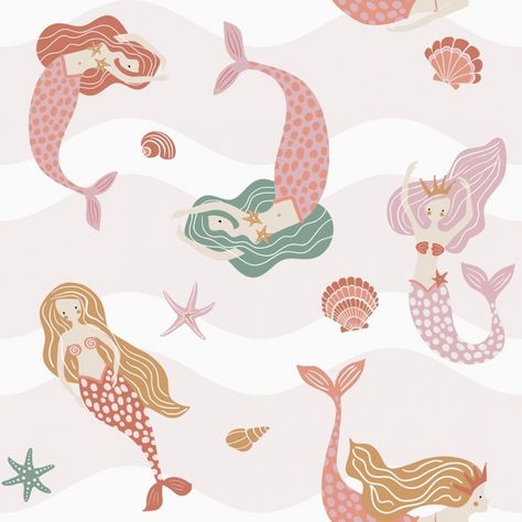 Pink Mermaid Bedroom, Mermaid Mural, Reno House, Green And Terracotta, Childrens Wallpaper, Rollup Design, Mermaid Friends, Mermaid Wallpaper, Pink Waves