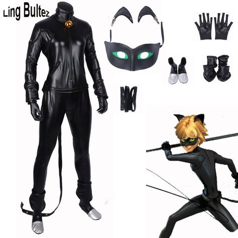 Chat Noir Costume Black Jumpsuit Accessories, Cat Noir Costume, Ladybug Cosplay, Halloween Costume Animal, Miraculous Ladybug Costume, Miraculous Ladybug Cat Noir, Mask Outfit, Cosplay Costumes For Men, Animal Onesies