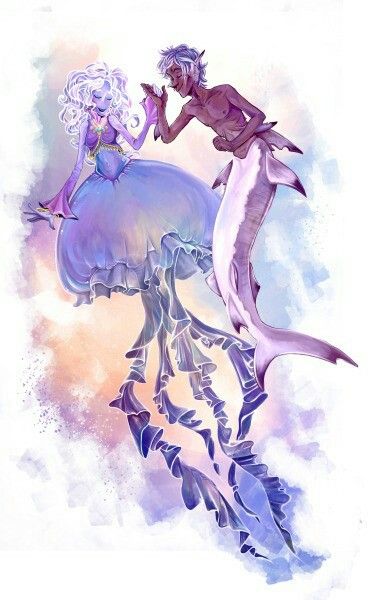 Jellyfish mermaid and sharkboy Jellyfish People Art, Jellyfish Human Drawing, Jellyfish Person, Robot Mermaid, Jellyfish Reference, Jellyfish People, Jellyfish Fairy, Jellyfish Oc, Jellyfish Mermaid