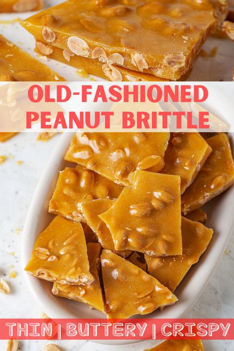 A picture of two pieces of peanut brittle stacked on top of each other. There is a picture below it with multiple pieces of peanut brittle in a white bowl. Home Made Peanut Brittle, Buttery Peanut Brittle Recipe, Peanut Brittle Recipe Easy No Corn Syrup, Best Peanut Brittle Recipe, Bulldog Brittle Recipe, How To Make Peanut Brittle, Peanut Brittle Recipe Easy, Soft Peanut Brittle Recipe, Homemade Peanut Brittle