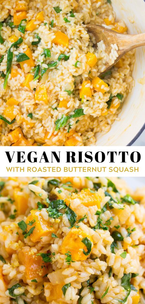 The ultimate comfort food: Vegan Risotto with roasted butternut squash and spinach. Easy, healthy, creamy and totally dairy free! #vegan #plantbased