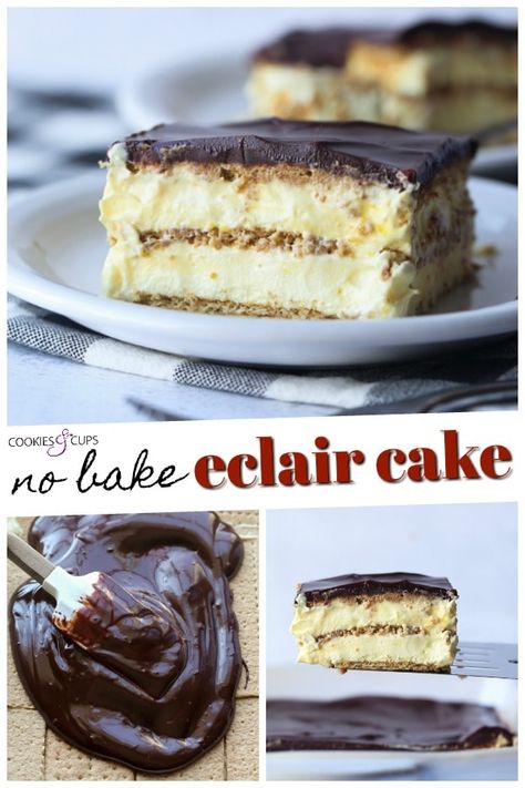 This Easy Eclair Cake Recipe is a crowd pleasing no bake dessert. Layers of graham crackers and fluffy vanilla pudding, topped with a silky chocolate ganache taste just like an eclair without all the work! #cookiesandcups #eclaircake #nobakedessert #iceboxcake Easy Eclairs, Eclair Cake Recipe, Chocolate Eclair Dessert, No Bake Eclair Cake, Eclairs Dessert, Eclair Cake Recipes, Eclair Cake, Ganache Recipe, Bake Cake